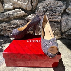 Guess Isila Platform Peep Toe Purple Glitter Pumps Size 10